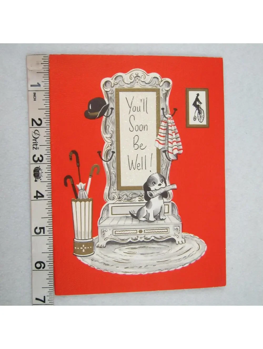 Antique Get Well Soon Greeting Card 1860s Hall Tree Bowler Hat High Wheel & Dog